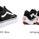 a screenshot shows a side-by-side comparison of black and white shoes made by Vans and similar shoes with a wavy design created by another company