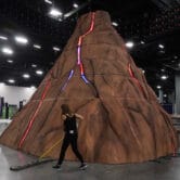 A volcano is built at the center of the Bitcoin 2022 conference in Miami Beach, Fla.