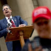 Matthew DePerno speaks during a rally at the Michigan State Capitol.