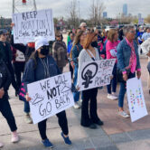 Protestors demonstrate against abortion restrictions in Oklahoma City.