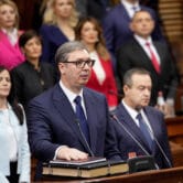 Aleksandar Vučić takes an oath at Parliament during his inauguration in Belgrade.