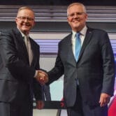 Anthony Albanese shakes hands with Scott Morrison ahead of a debate in Sydney, Australia.