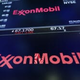 The logo for ExxonMobil on the floor of the New York Stock Exchange.