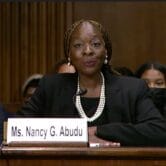 Nancy Abudu testifies before the Senate Judiciary Committee on April 27, 2022. The panel tied on May 26 over whether to move Abudu's nomination forward, with Republicans criticizing her work with the Southern Poverty Law Center. (Screenshot via Courthouse News)