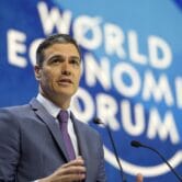 Pedro Sánchez delivers a speech at the World Economic Forum in Davos.