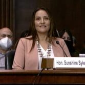 Judge Sunshine Suzanne Sykes testifies before the Senate Judiciary committee in February, 2022. She was confirmed as the first Native American to serve as an Article III judge in California on May 18, 2022.