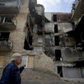 A building damaged by shelling in Horenka, Ukraine