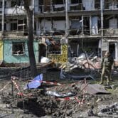 A destroyed apartment building in Kramatorsk, Ukraine