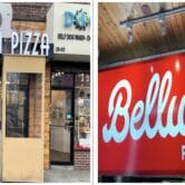 a screenshot shows two pizzeria storefronts side-by-side. on the left is Bellucci Pizza and on the right is Bellucci's Pizzeria