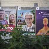 Campaign posters on a wall in Lyon, France.