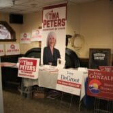 Signs and banners show support for Republican candidates