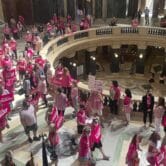 Abortion rights supporters gather in the Wisconsin State Capitol