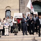Protesters outside Stockholm's district court during the trial of Hamid Noury