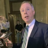 Robin Vos speaks to reporters in Madison, Wis.