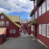 Red wooden Parliament buildings on Faroe Islands