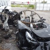 A wrecked Tesla Model 3 is shown in Florida.