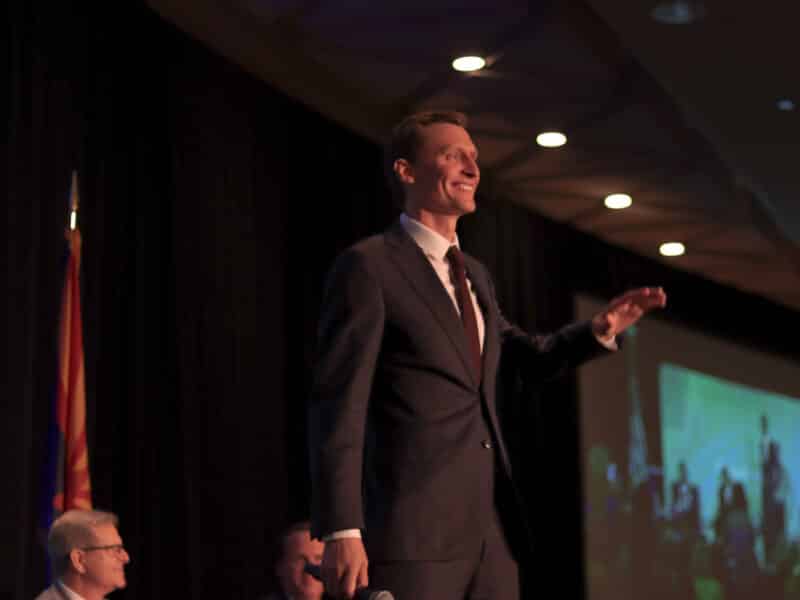 Blake Masters speaks at a debate in Phoenix, June 23, 2022. (Michael McDaniel/Courthouse News)
