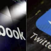 This combination of photos shows logos for Facebook and Twitter.