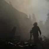 Firefighters work to extinguish a fire in Sloviansk, Ukraine