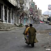 Streets wrecked by fighting in Taiz, Yemen.