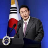 South Korea's Yoon Suk Yeol delivers a speech during a news conference.