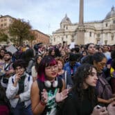 People participate in an abortion rights protest in Rome.