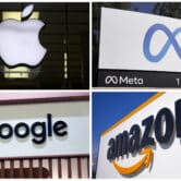 This combo photo shows logos for Apple, Meta, Google and Amazon.