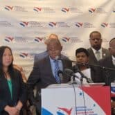Houston Mayor Sylvester Turner speaks at a press conference promoting the 2022 National Nonpartisan Conversation on Voting Rights.