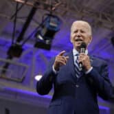 Joe Biden speaks at an event in a college gym in Pennsylvania.