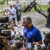 Cuba's President Miguel Díaz-Canel speaks to the press.