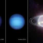 Three side-by-side images of Neptune taken by different space instruments.