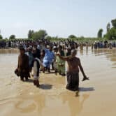 Victims of flooding in Pakistan line up to receive aid.