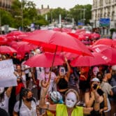 People protest a prostitution bill in Spain.