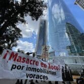 Protesters outside the Torre Mítikah in Mexico City