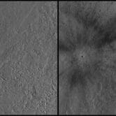 A combination of images showing a site on Mars before and after a meteoroid struck.