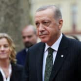 Recep Tayyip Erdoğan arrives for a meeting in the Czech Republic.