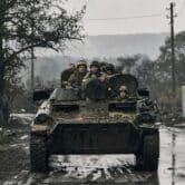 Ukrainian soldiers in a tank