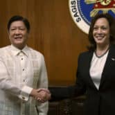 Ferdinand Marcos Jr. shakes hands with Kamala Harris at the presidential palace in the Philippines.