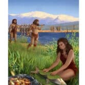 An illustration depicting hominins preparing fish at an ancient lake.