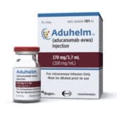 A vial and packaging for the drug Aduhelm.