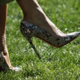 Melania Trump wears Christian Louboutin shoes in the Rose Garden of the White House.