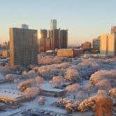 Snow dusting downtown Detroit.