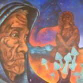 A mural depicts Mazatec shaman María Sabina in profile. To the right, blue mushrooms grow in front of a seated figure
