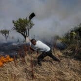 A resident fights a forest fire with a shovel in Spain.
