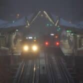 Chicago Transit Authority trains during a winter storm