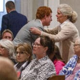 Marian Proctor (right) reaches out to hug her nephew Buster Murdaugh after she testified in his father Alex Murdaugh’s murder trial at the Colleton County Courthouse in Walterboro, Tuesday, Feb. 14, 2023. (Grace Beahm Alford/The Post and Courier/Pool)