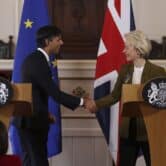 British Prime Minister Rishi Sunak and EU Commission President Ursula von der Leyen shake hands after announcing a deal to resolve a post-Brexit trade dispute over Northern Ireland.