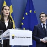 Finland's Prime Minister Sanna Marin and Sweden's Prime Minister Ulf Kristersson speak at a joint news conference.