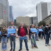 LGBTQ advocates rally outside the Tennessee state Capitol complex.