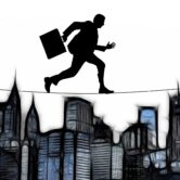 Image of a man carrying a briefcase walking a tightrope.
